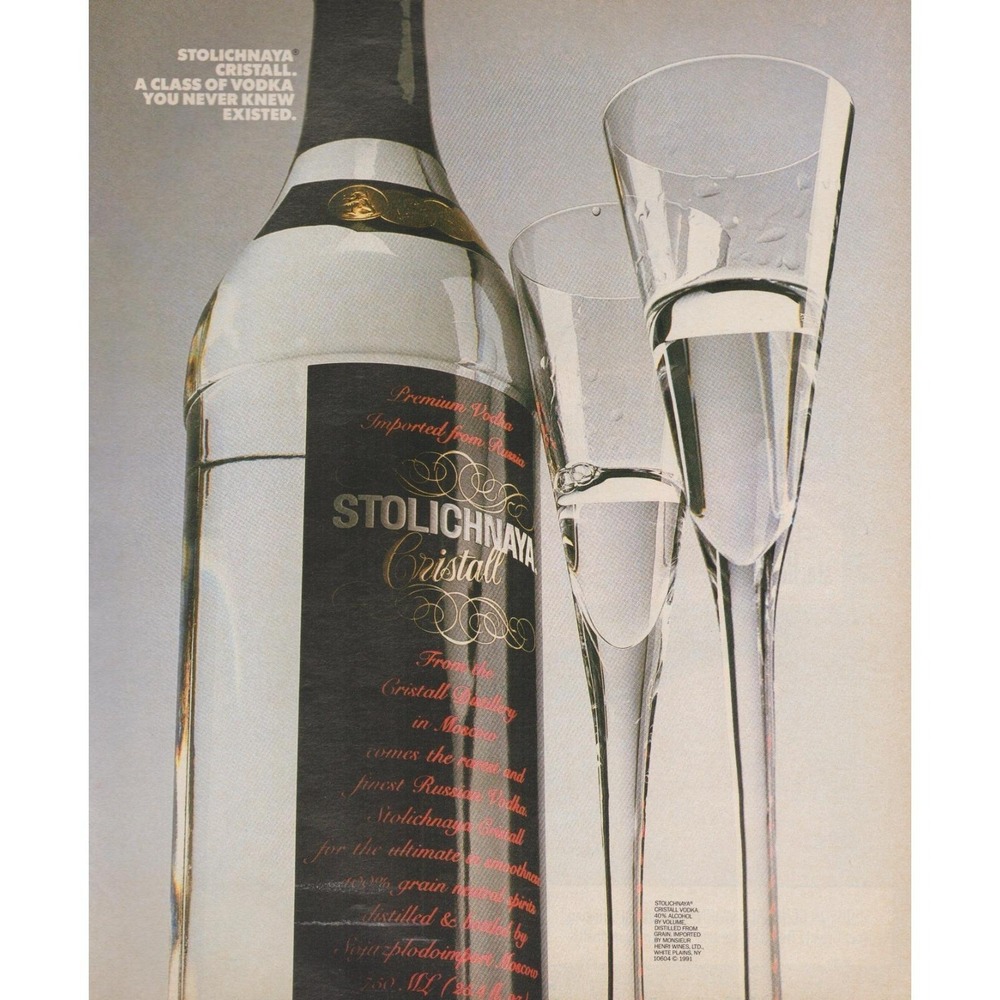 1991 Stolichnaya Cristall Vodka Vintage Print Ad Russian Import Bar Lounge Decor